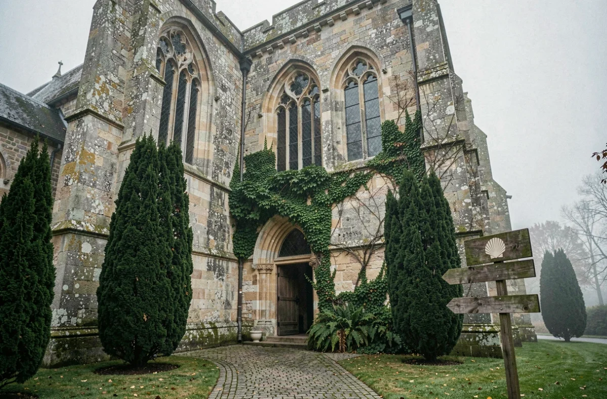 Façade médiévale de l'abbaye de Valmont avec panneau de pèlerinage vers Saint-Jacques-de-Compostelle