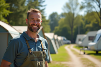 Gestionnaire souriant à l'entrée du camping accueillant