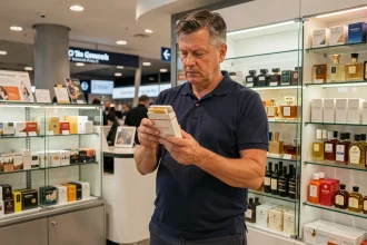 Voyageur examinant un carton de cigarettes dans une boutique duty-free d'aéroport international