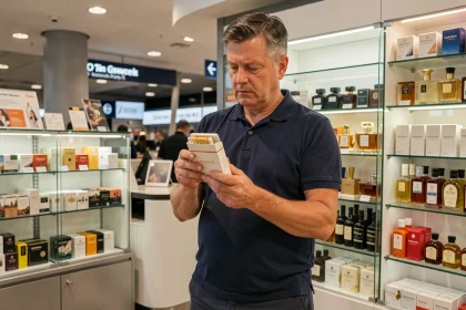 Voyageur examinant un carton de cigarettes dans une boutique duty-free d'aéroport international