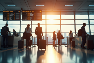 Aéroport animé avec comptoir d'enregistrement et voyageurs