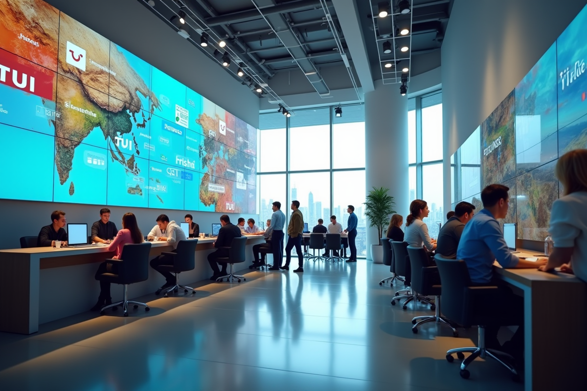 Agence de voyage moderne avec logos TUI et concurrents