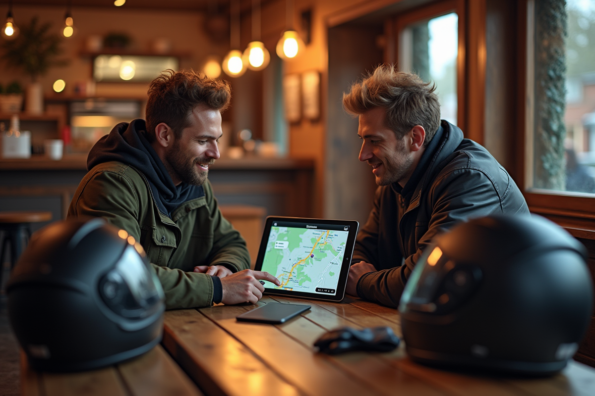 Amis discutant de trajets moto dans un café chaleureux
