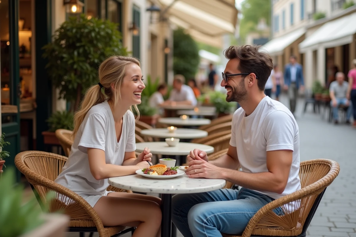 Deux amis déjeunant en terrasse d'un café près de la Place de la République au Mans