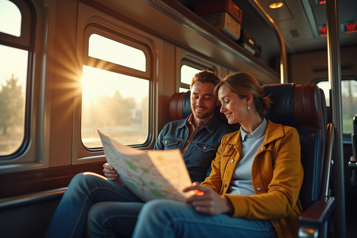 Deux amis discutant dans un compartiment de train en journée