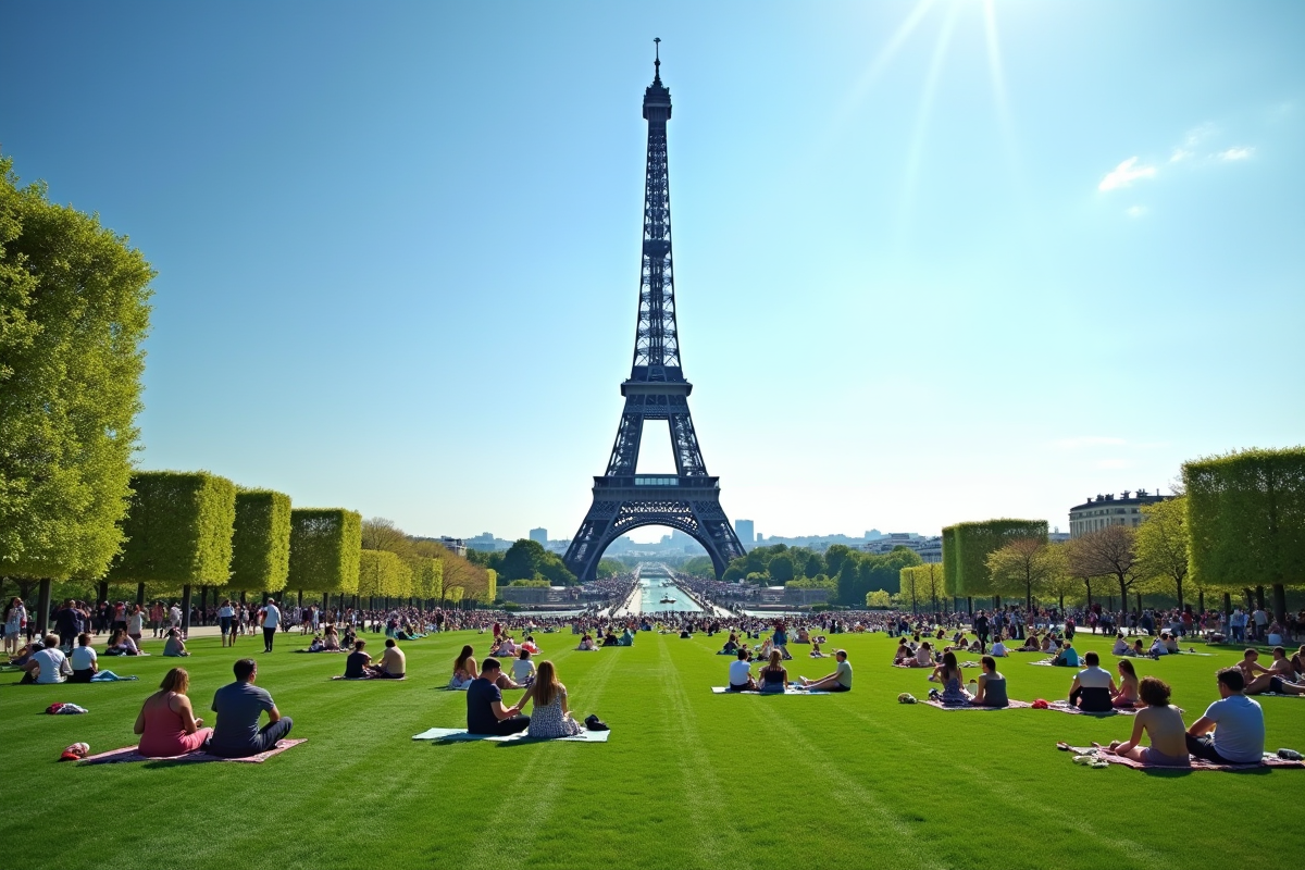 Tour Eiffel en après-midi avec groupes de pique-nique dans le parc