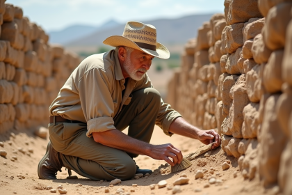 Arch&eacute;ologue &acirc;g&eacute; nettoyant des ruines anciennes avec douceur