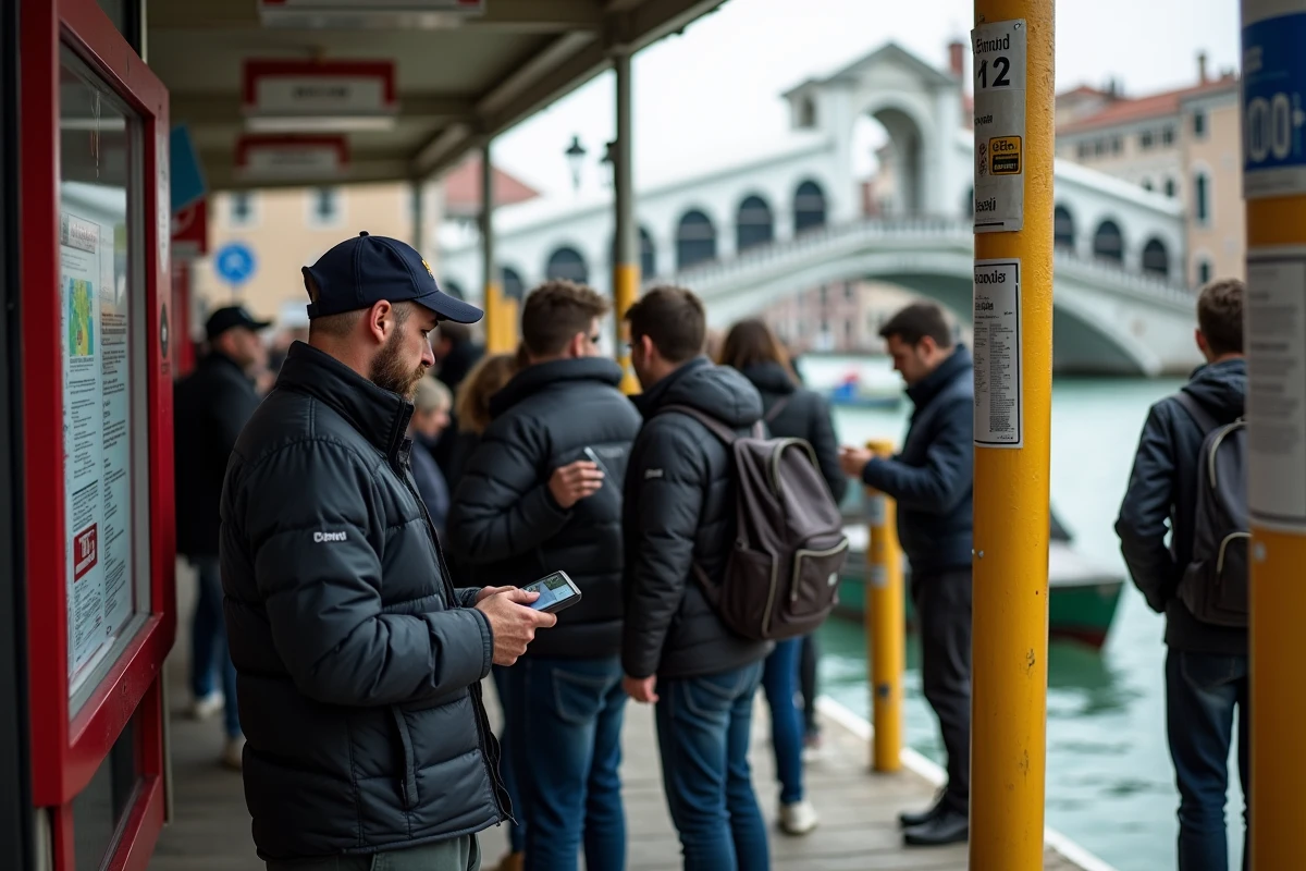 File d'attente à un arrêt de vaporetto à Rialto avec un contrôleur ACTV vérifiant les billets et des panneaux tarifaires visibles