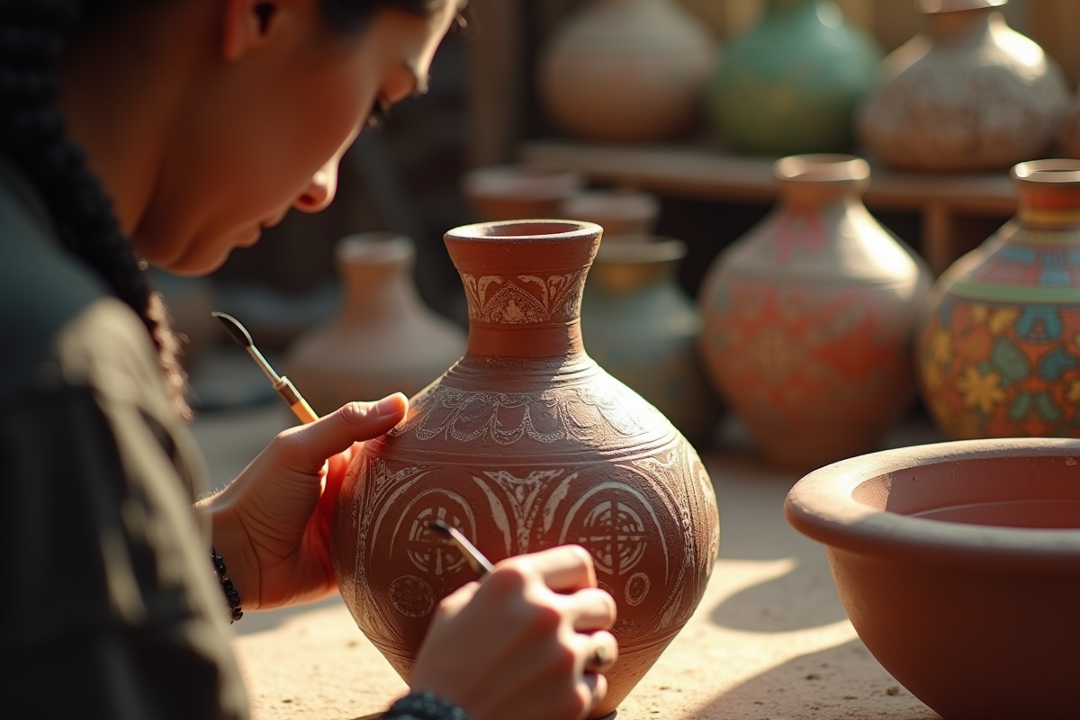 Artisan berbère peignant des symboles anciens sur un vase en céramique