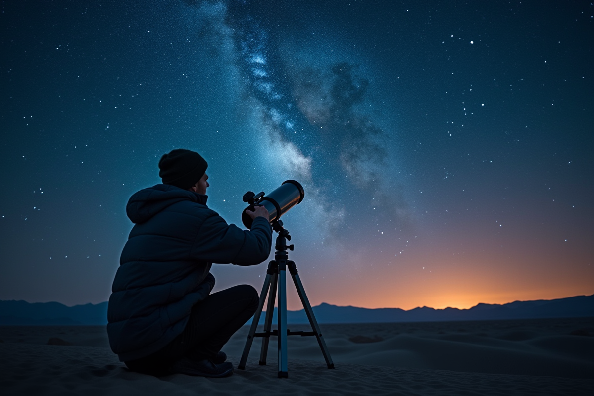 Astronome utilisant un télescope dans un désert