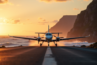 Petit avion privé atterrissant sur une piste côtière au coucher du soleil