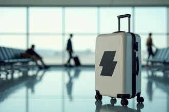 Valise rigide blanche avec autocollant minimaliste géométrique posée dans un terminal d'aéroport moderne