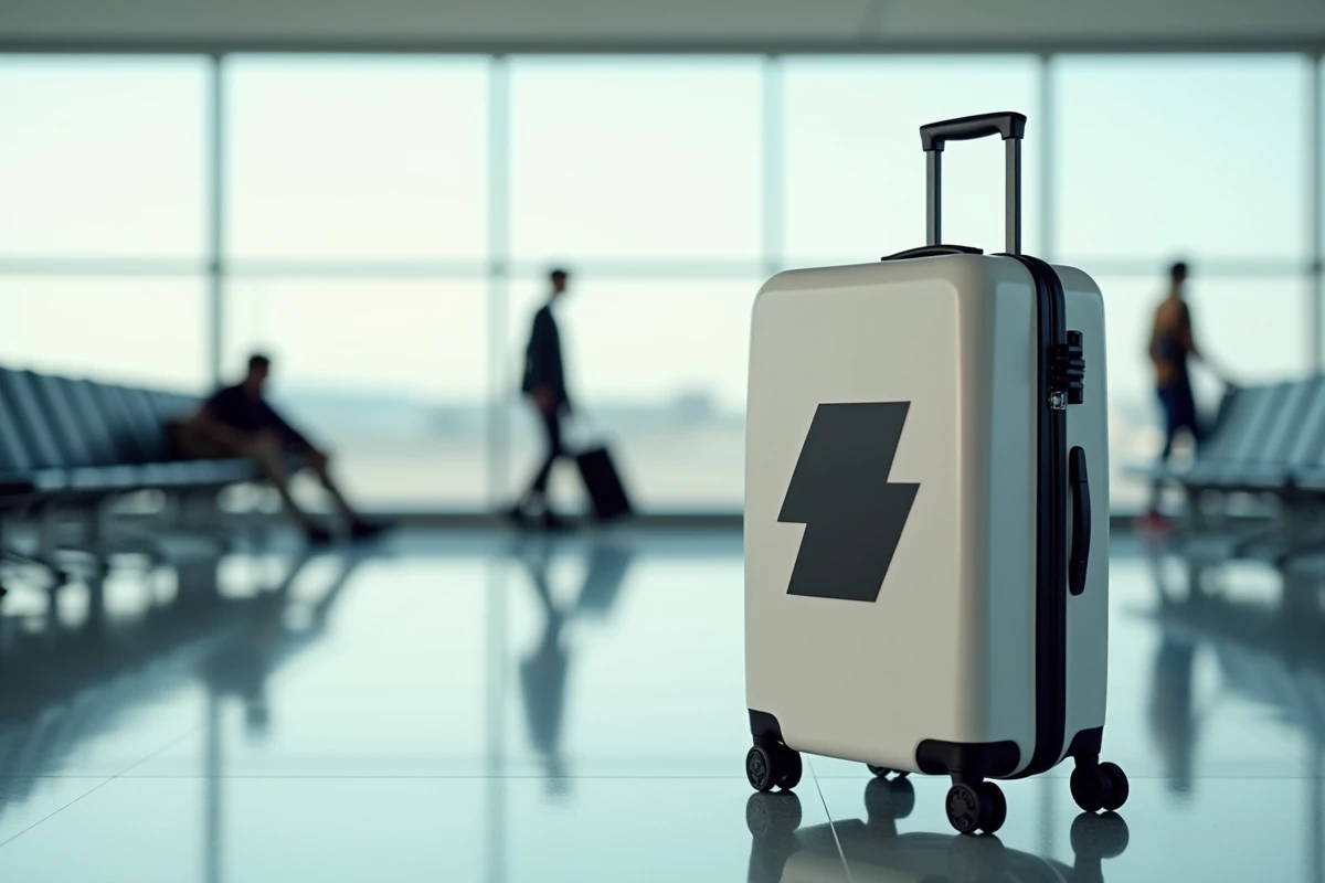 Valise rigide blanche avec autocollant minimaliste géométrique posée dans un terminal d'aéroport moderne