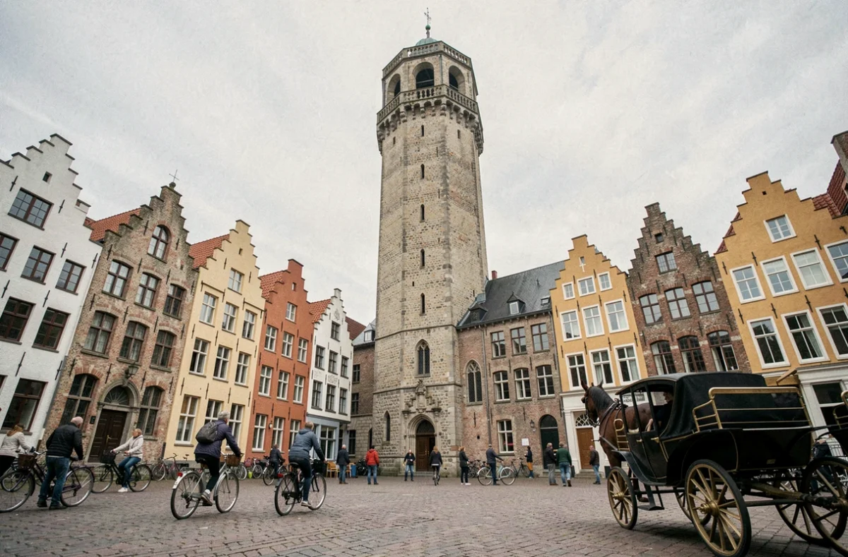 Beffroi de Bruges vu depuis la Grand-Place avec calèche et façades flamandes à pignons en escalier