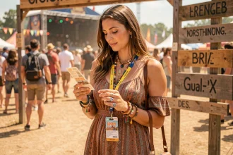 Jeune femme tenant son billet et son pass festival Coachella à l'entrée du site