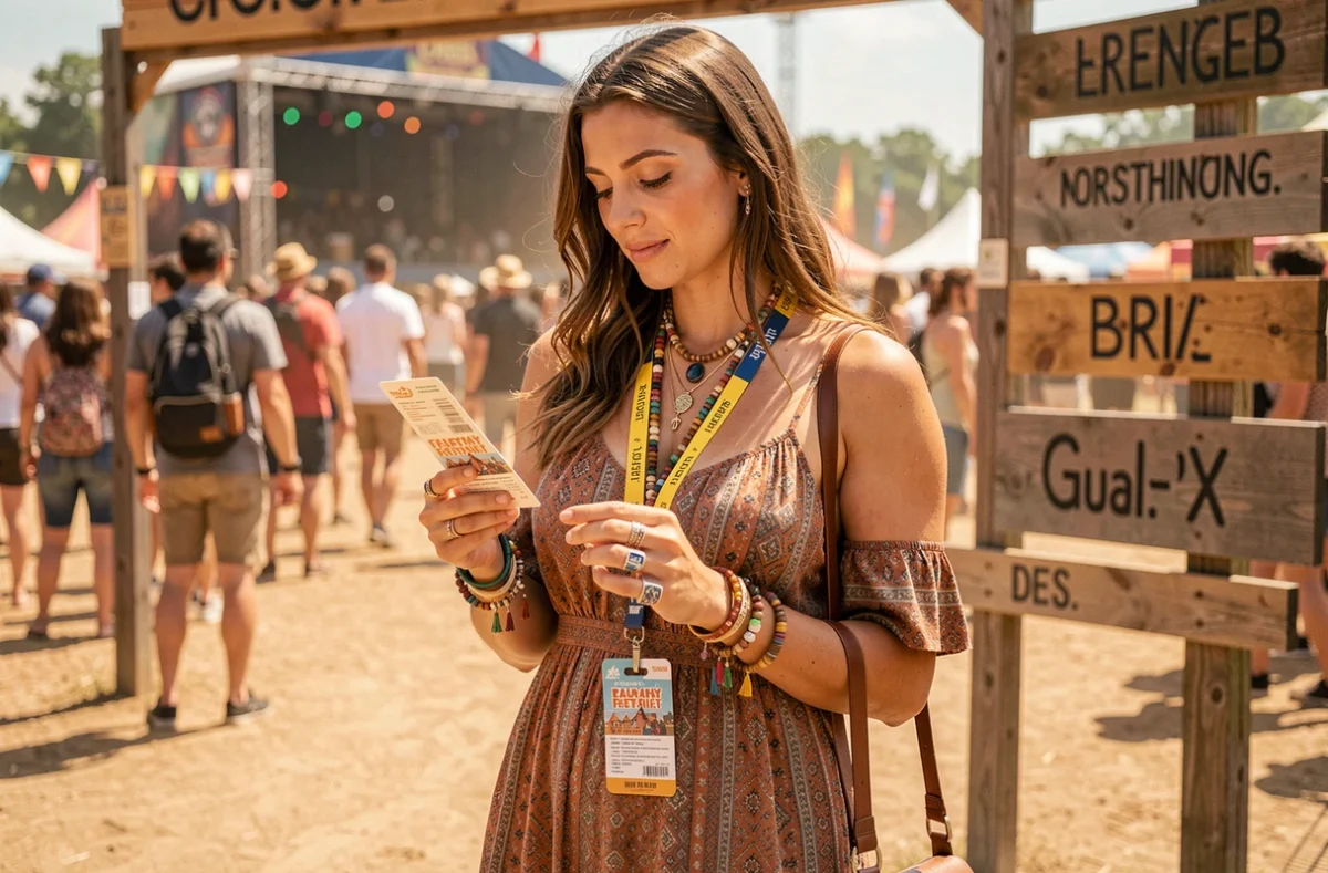 Jeune femme tenant son billet et son pass festival Coachella à l'entrée du site