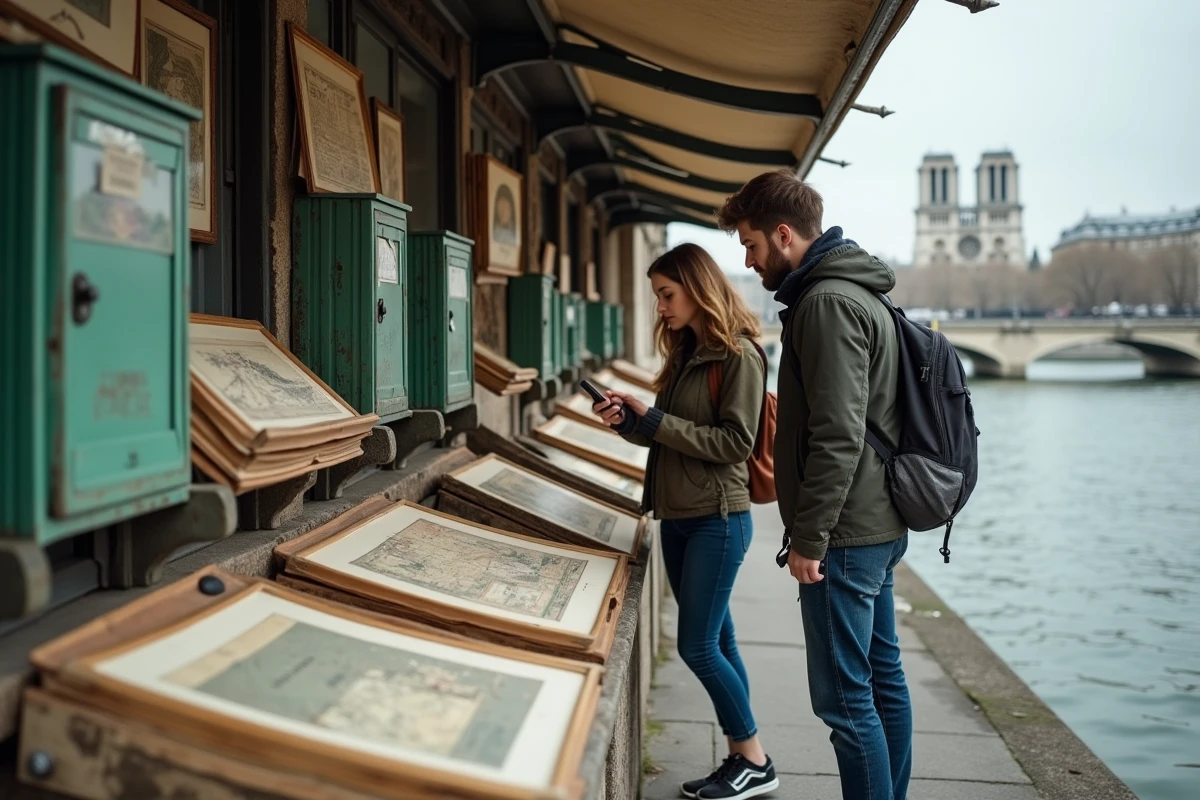 Deux amis parcourant les bouquinistes discrets des quais de Seine loin des foules touristiques parisiennes