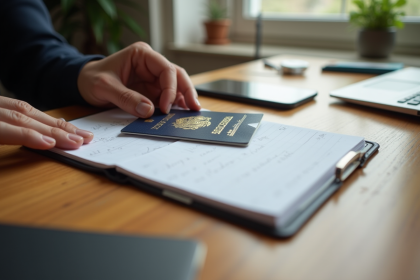 Bureau organisé avec passeport et carnet de notes lumineux