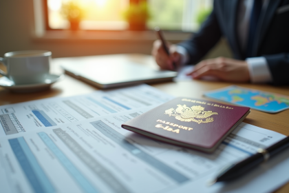Bureau organisé avec passeport et documents de visa
