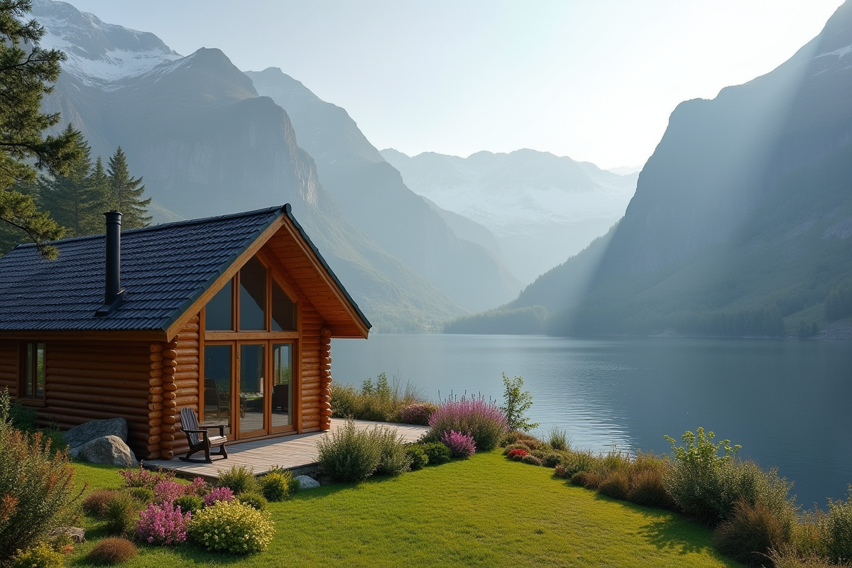 Cabane en bois au bord d’un lac en Ecosse au matin