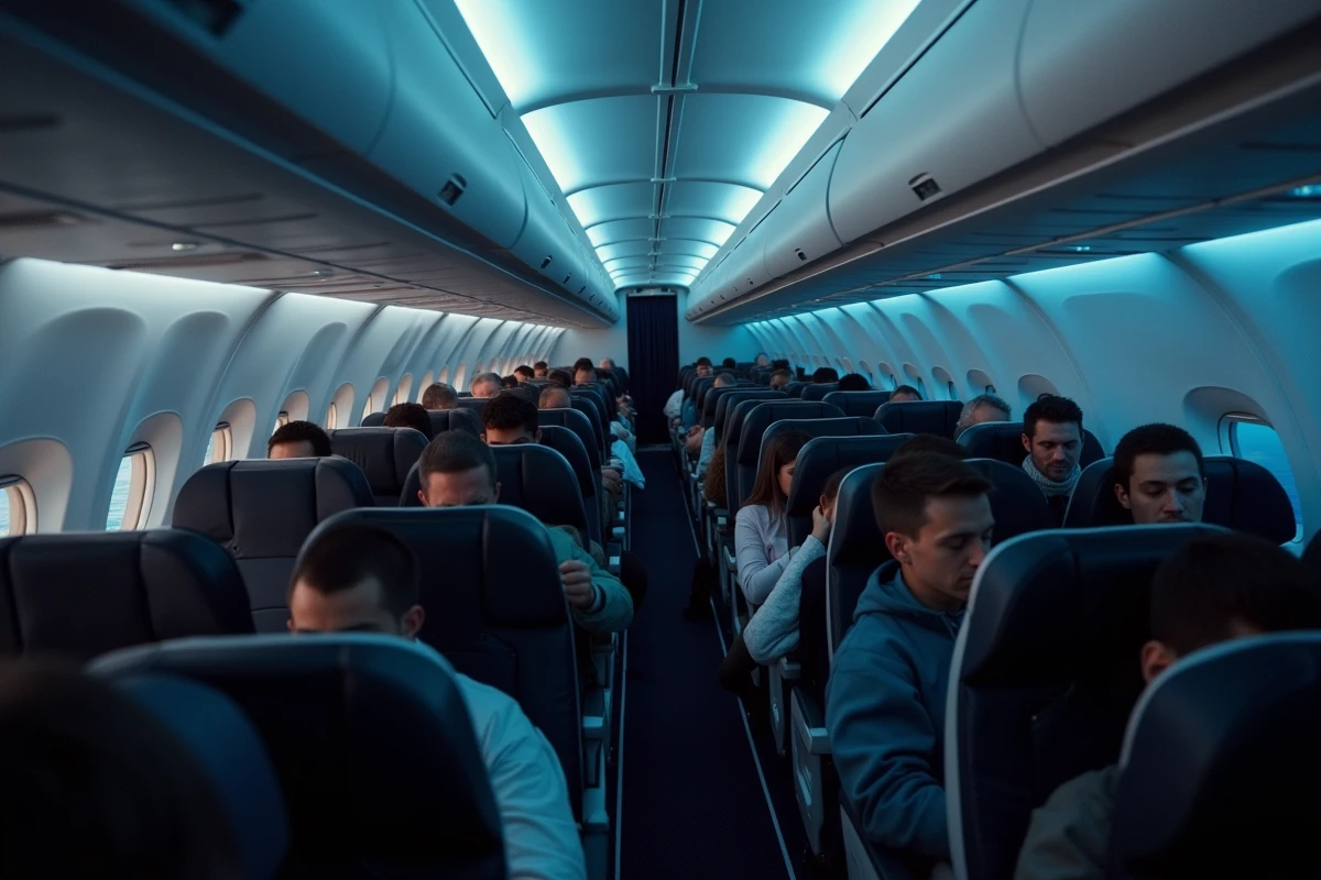 Cabine d'avion long-courrier en vol au-dessus de l'océan pour illustrer la distance Paris Sydney en avion
