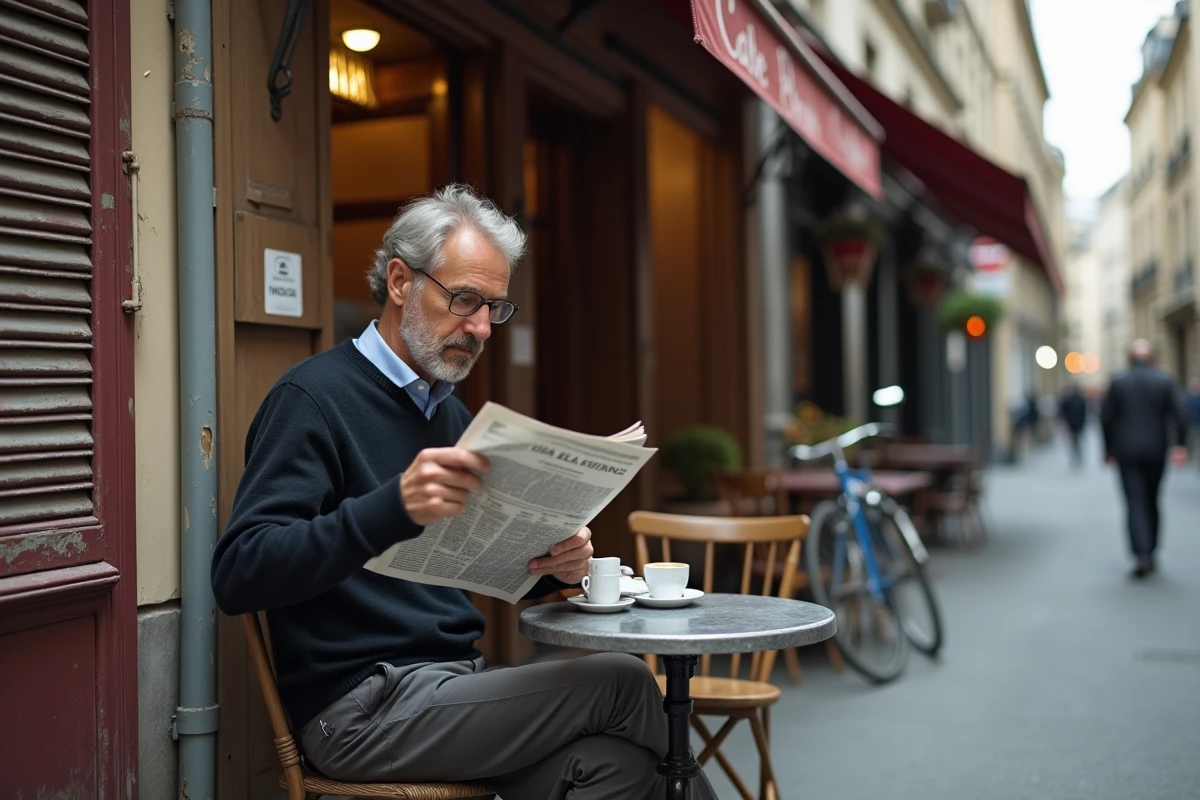 Homme attablé dans un café parisien discret et authentique loin des zones touristiques bondées