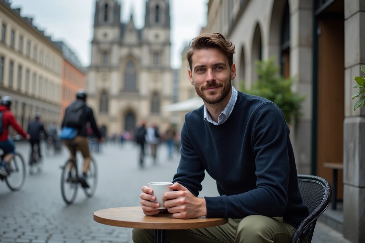 Homme attablé en terrasse sur le Korenmarkt de Gand avec l'église Saint-Nicolas en arrière-plan