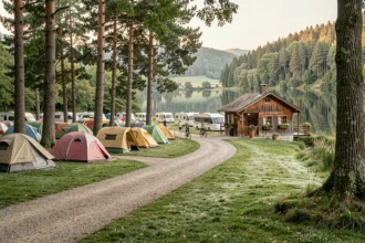 Vue panoramique d'un camping verdoyant en Bourgogne-Franche-Comté avec tentes, camping-cars et lac au fond
