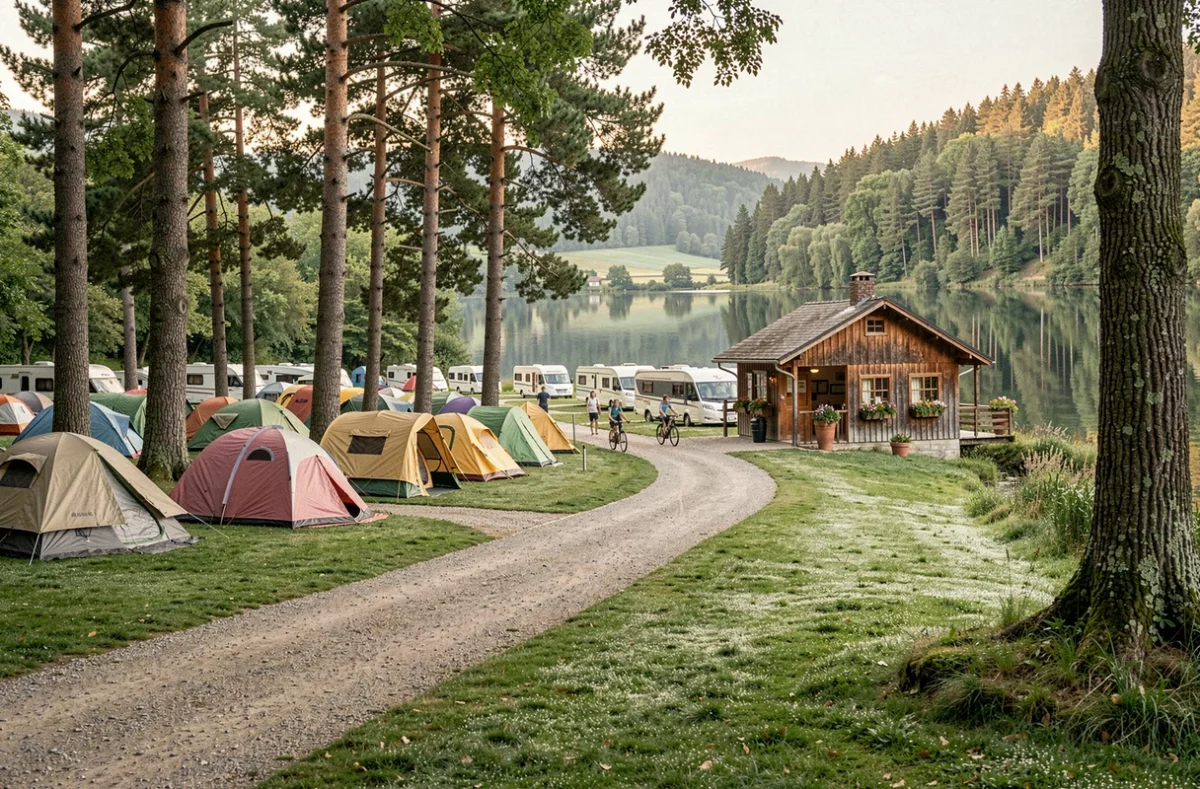 Vue panoramique d'un camping verdoyant en Bourgogne-Franche-Comté avec tentes, camping-cars et lac au fond