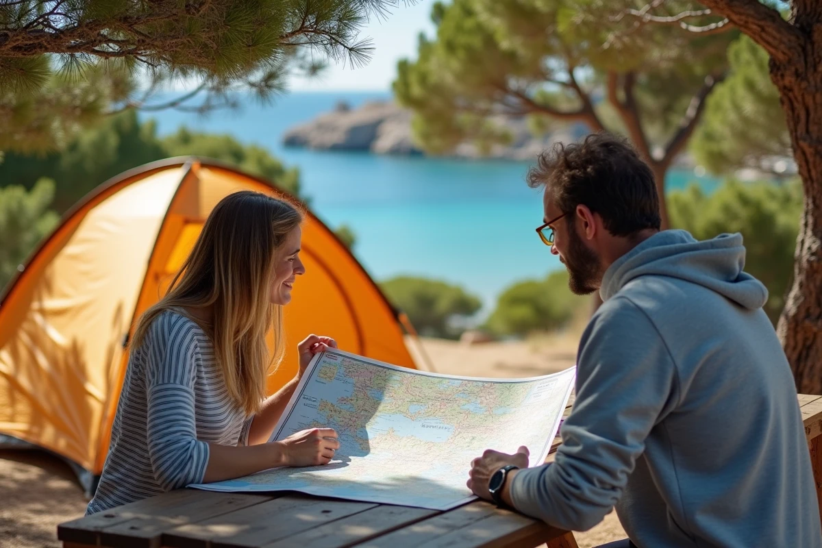 Couple installé dans un camping du nord de la Corse près de l'Ile Rousse, consultant une carte des hébergements de la région