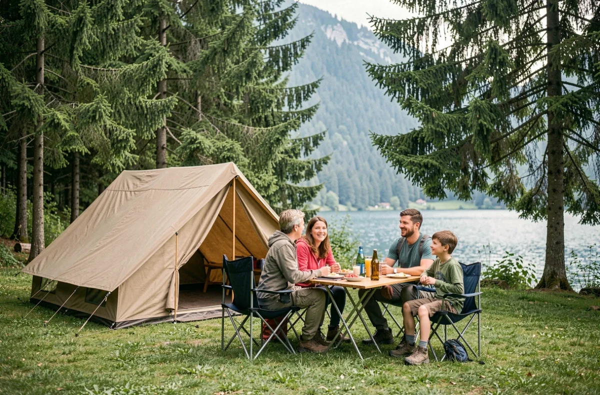 Famille installée sur un emplacement de tente au Camping La Pergola dans le Jura des lacs en Bourgogne