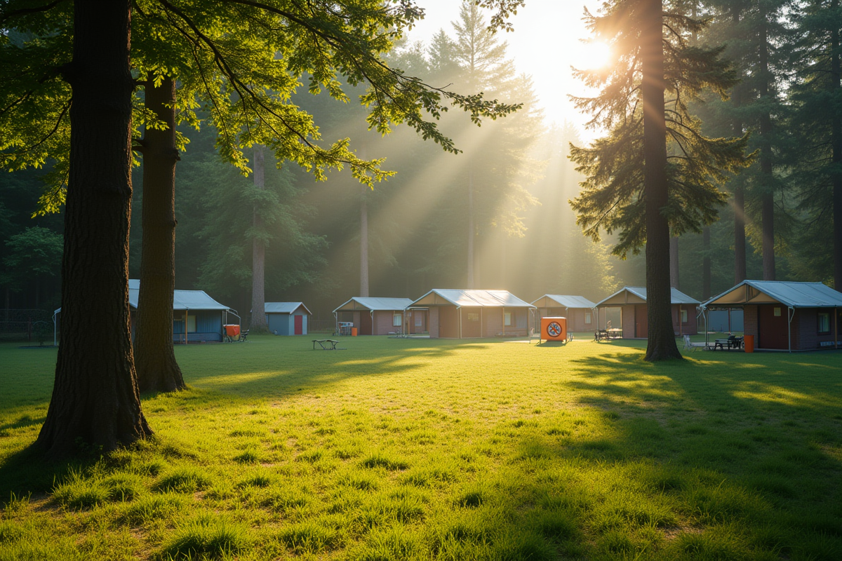 Aire de camping au matin avec herbe humide et arbres ensoleilles