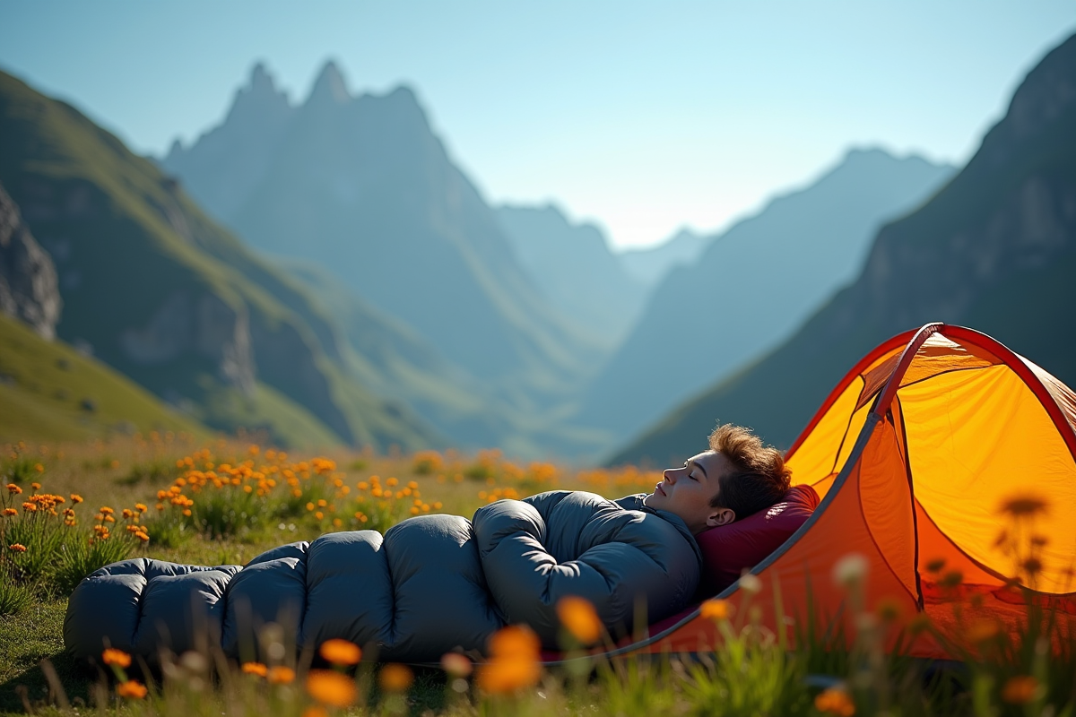 Personne dans un sac de couchage dans une tente en pleine nature avec montagnes