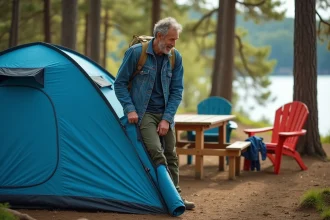 Homme en plein air pliant une tente au camping