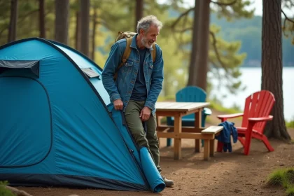 Homme en plein air pliant une tente au camping