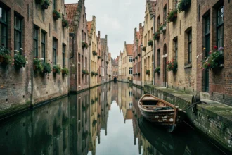 Canal médiéval de Bruges avec reflets de maisons à pignons en briques et barque en bois amarrée au quai