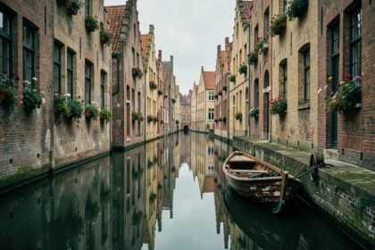 Canal médiéval de Bruges avec reflets de maisons à pignons en briques et barque en bois amarrée au quai
