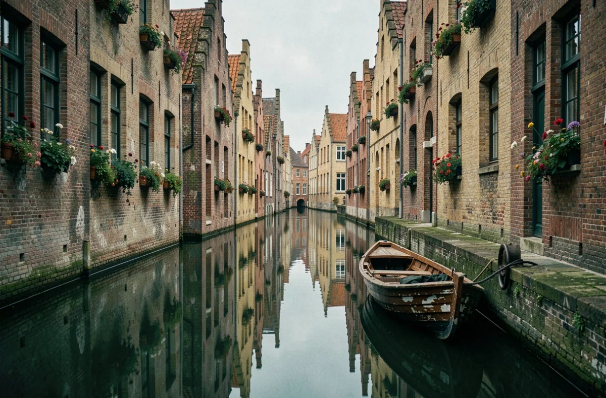 Canal médiéval de Bruges avec reflets de maisons à pignons en briques et barque en bois amarrée au quai