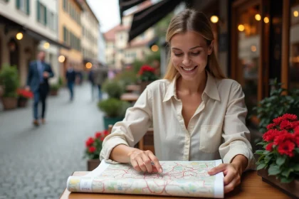 Femme consultant une carte imprimée de l'Allemagne dans un café de rue pavée avec bâtiments à colombages