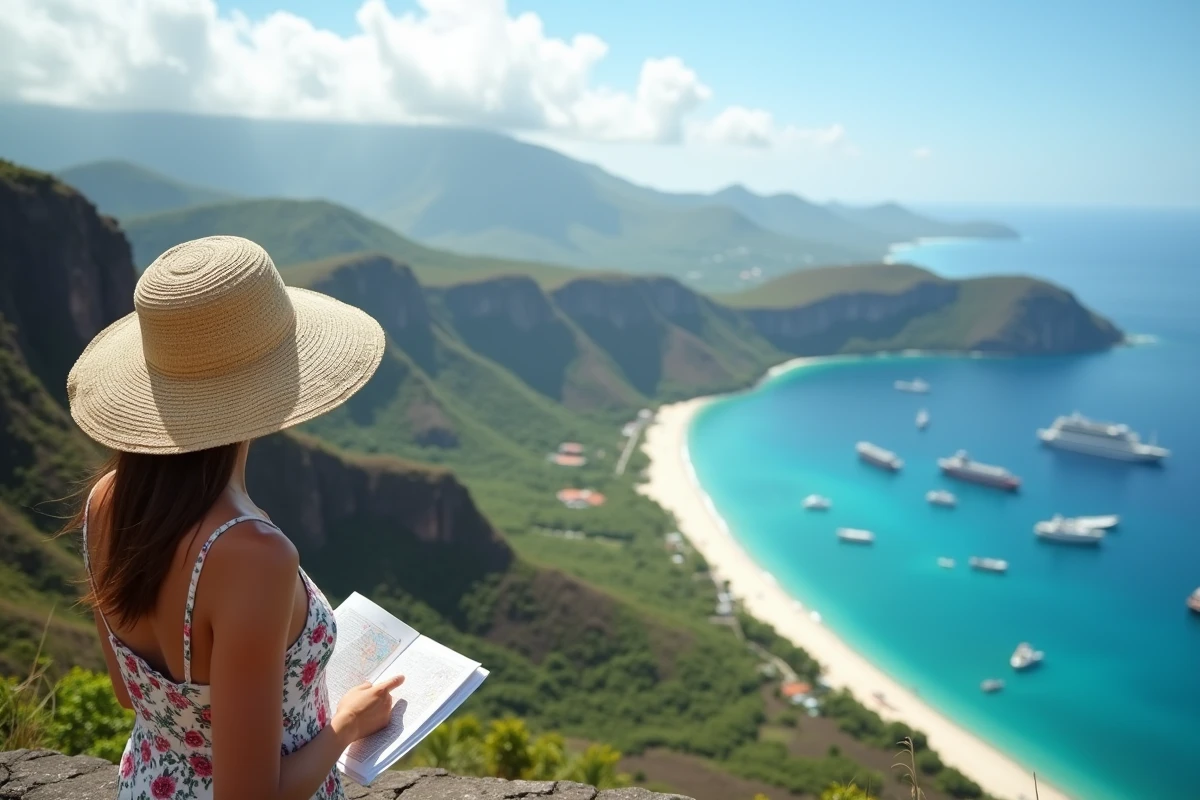 Femme consultant une carte touristique depuis un belvédère avec vue panoramique sur une baie des Caraïbes