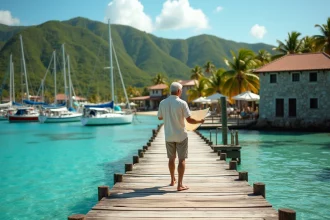 Carte touristique de la mer des Caraïbes avec dock en bois et voiliers colorés dans un port tropical