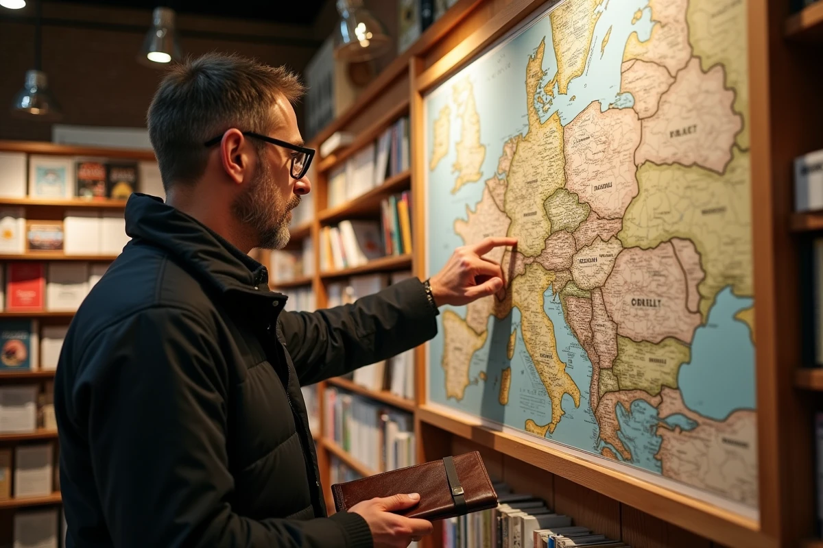 Homme pointant une région sur une grande carte murale imprimée de l'Allemagne dans une librairie de voyage