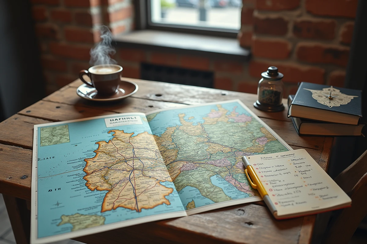 Carte routière imprimée de l'Allemagne dépliée sur une table en bois avec boussole, café et notes de voyage