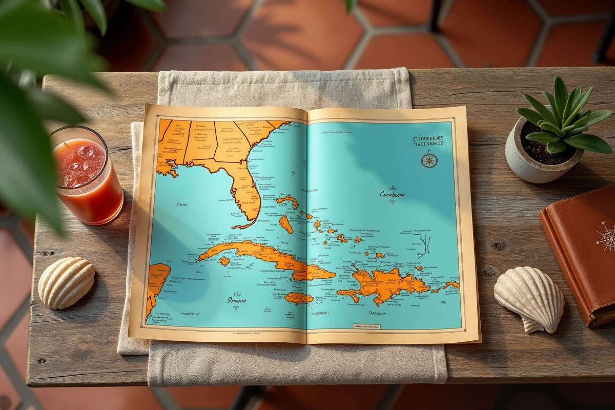 Carte touristique des Caraïbes dépliée sur une table de café avec coquillage et guide de voyage