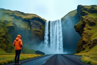 Paysage d'été en Islande avec cascade et falaises vertes