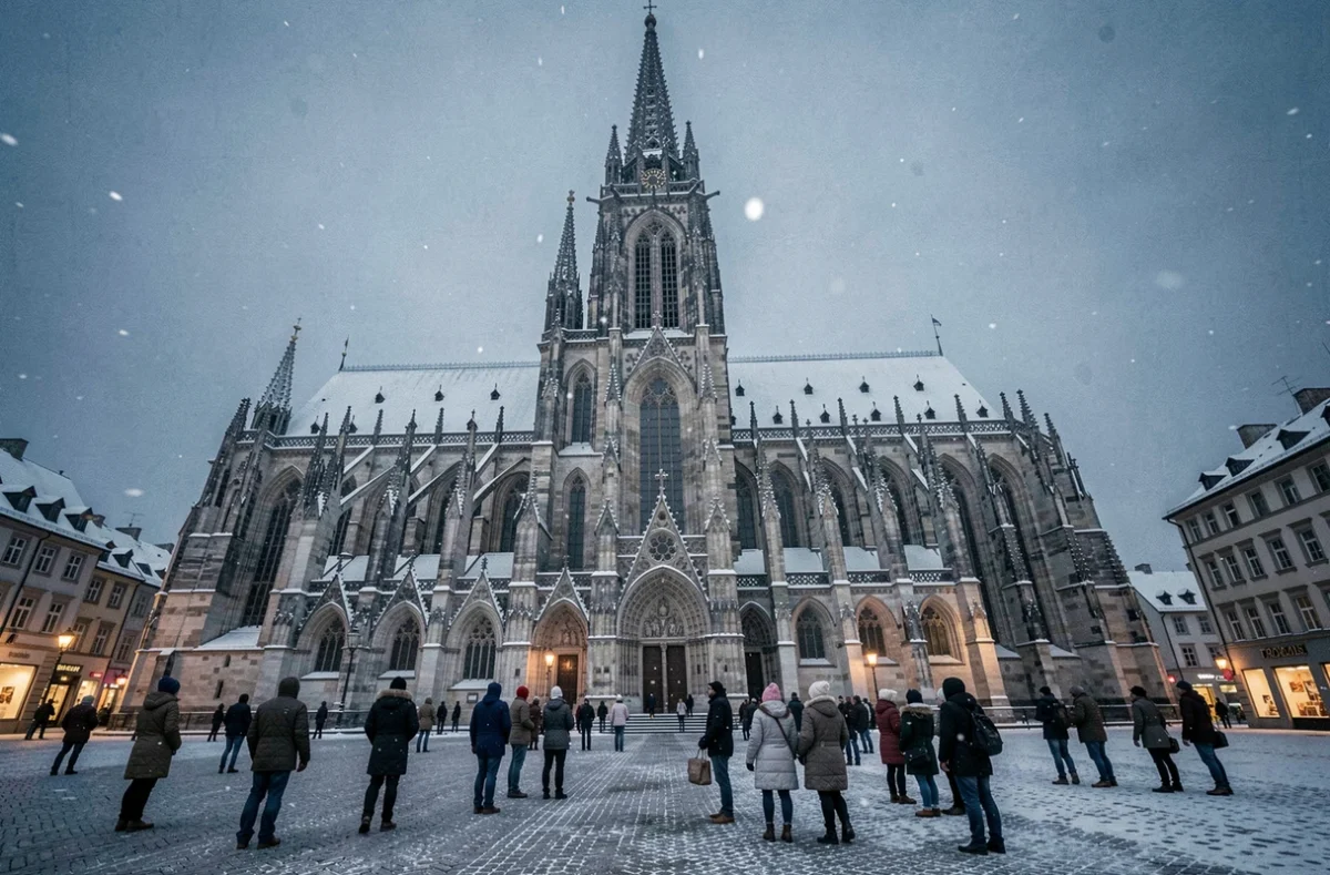La cathédrale de Strasbourg sous la neige lors du Nouvel An avec une foule de visiteurs sur la place enneigée