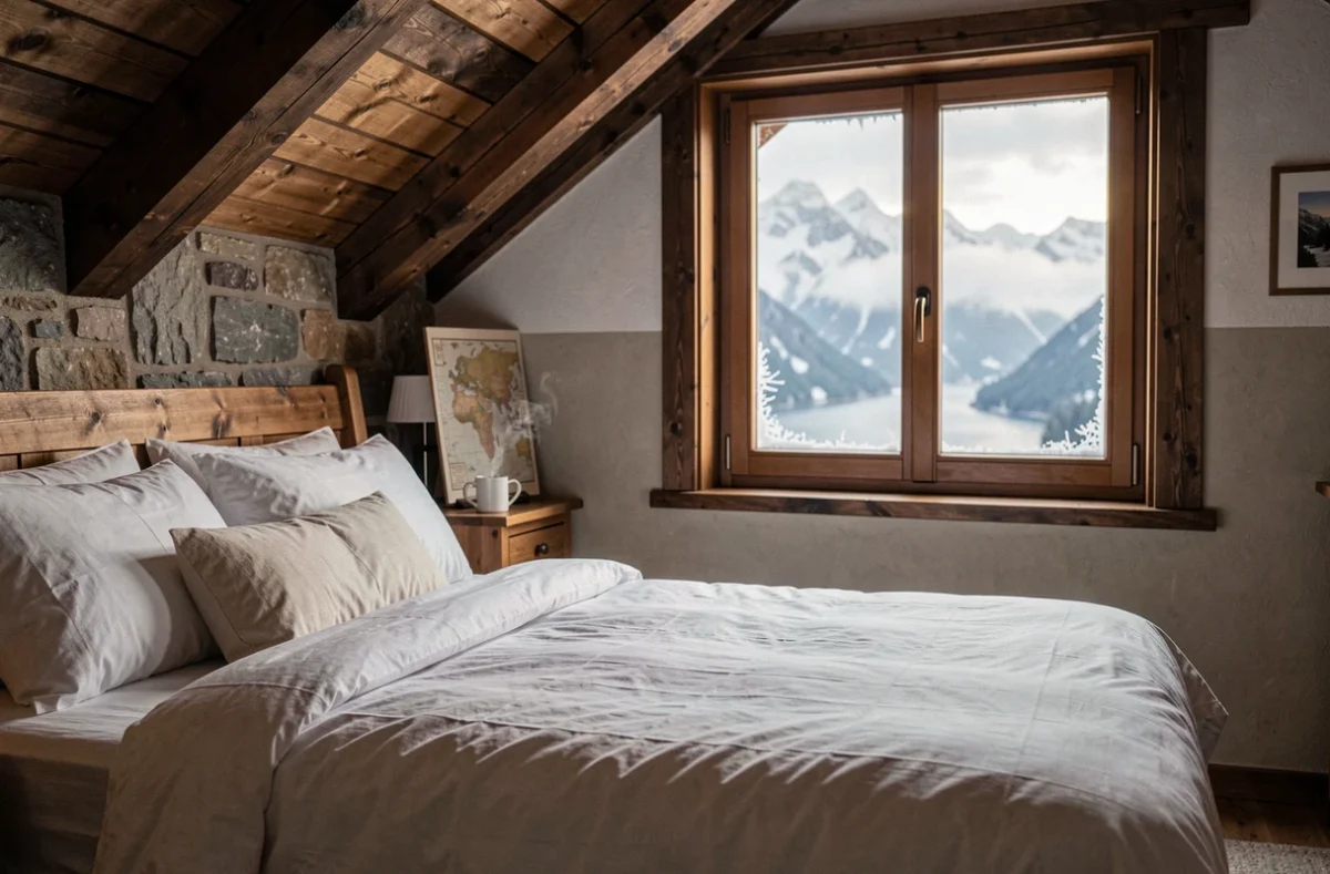 Chambre chaleureuse dans un hôtel de montagne autrichien avec vue sur le lac de Hallstatt depuis la fenêtre