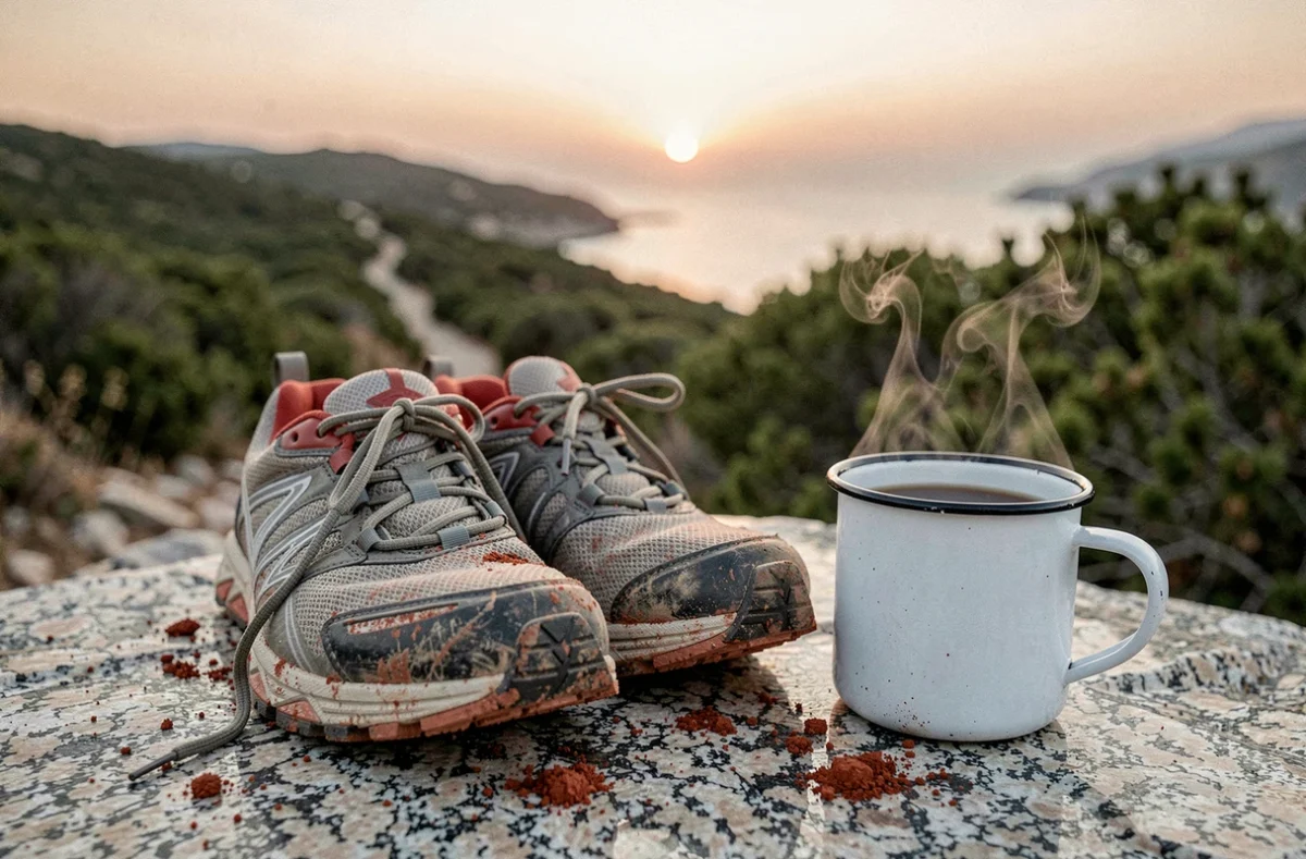 Chaussures de randonnée et tasse de café au bord des falaises du Capu di Muru au lever du soleil en Corse