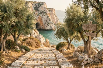 Chemin en pierre menant à une crique secrète près d'Héraklion en Crète, entouré d'oliviers et de falaises calcaires