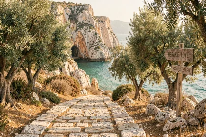 Chemin en pierre menant à une crique secrète près d'Héraklion en Crète, entouré d'oliviers et de falaises calcaires